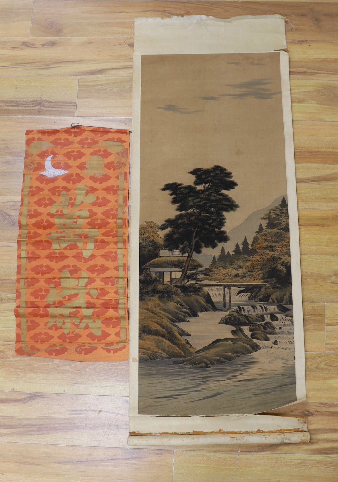 A Chinese calligraphic fabric hanging, 90 x 37cm, together with an early 20th century Japanese painted felt and watercolour landscape scroll